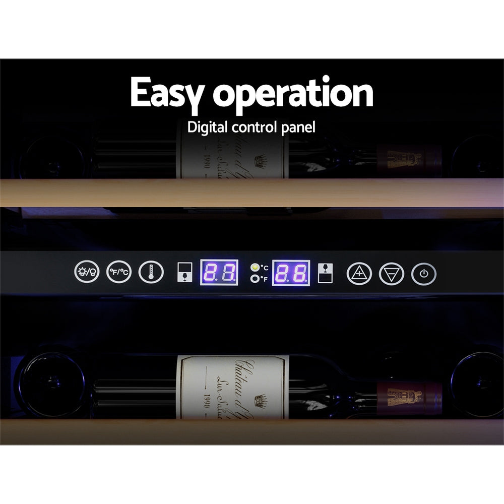 Digital control panel with wine bottles inside a refrigerator, labeled 'Easy operation'.