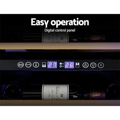 Digital control panel with wine bottles inside a refrigerator, labeled 'Easy operation'.