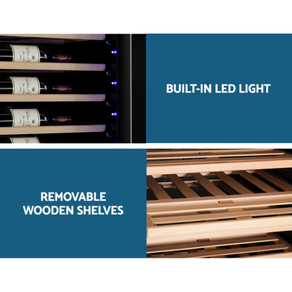 Wine cooler with built-in LED light and removable wooden shelves.