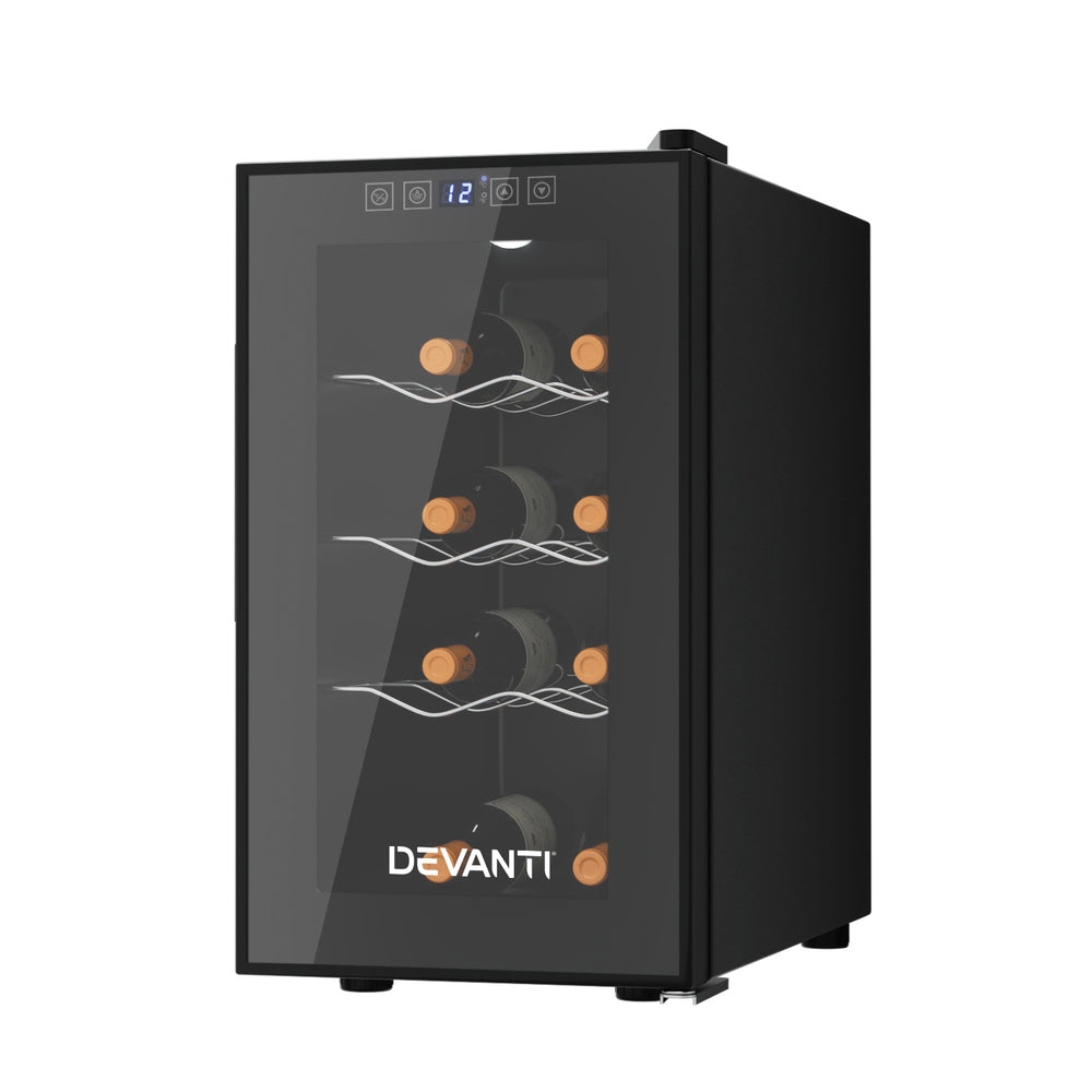 Devanti wine cooler with glass door displaying wine bottles on a white background