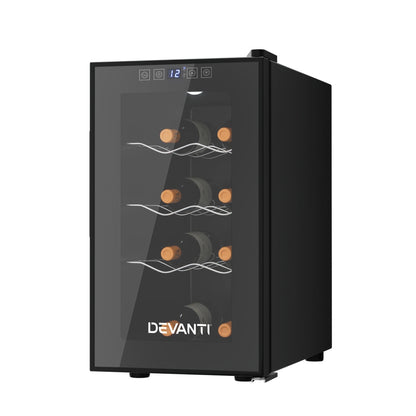 Devanti wine cooler with glass door displaying wine bottles on a white background