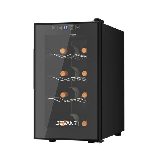 Devanti wine cooler with glass door displaying wine bottles on a white background