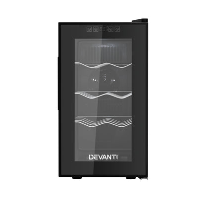 Black Devanti wine cooler with glass door on a white background