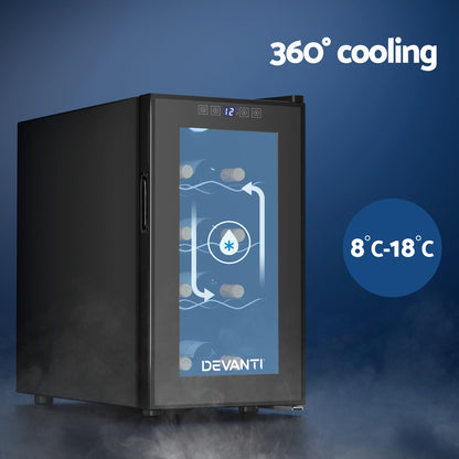 Black Devanti wine cooler with digital display on a blue background