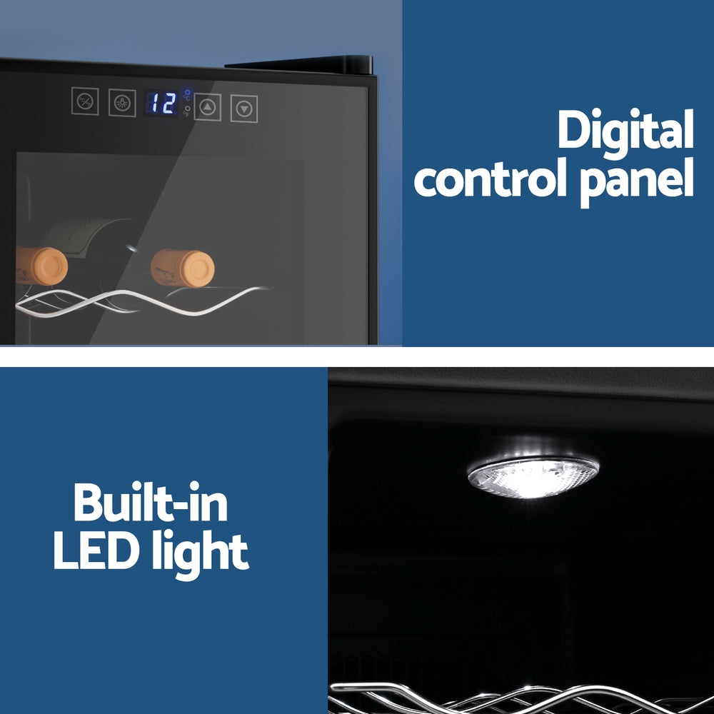 Digital control panel and built-in LED light of a wine cooler with text labels.