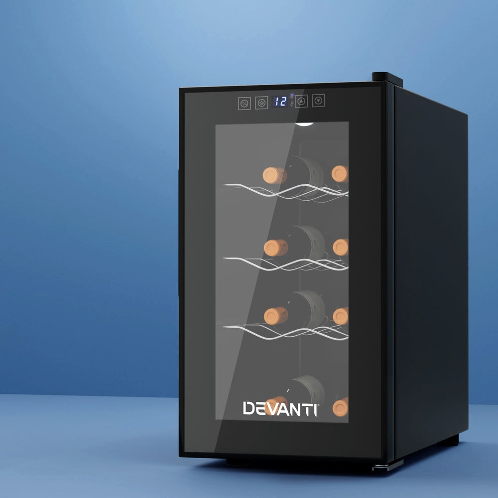 Devanti wine cooler with digital display on a blue background
