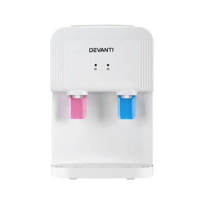 White Devanti water dispenser with pink and blue handles on a white background