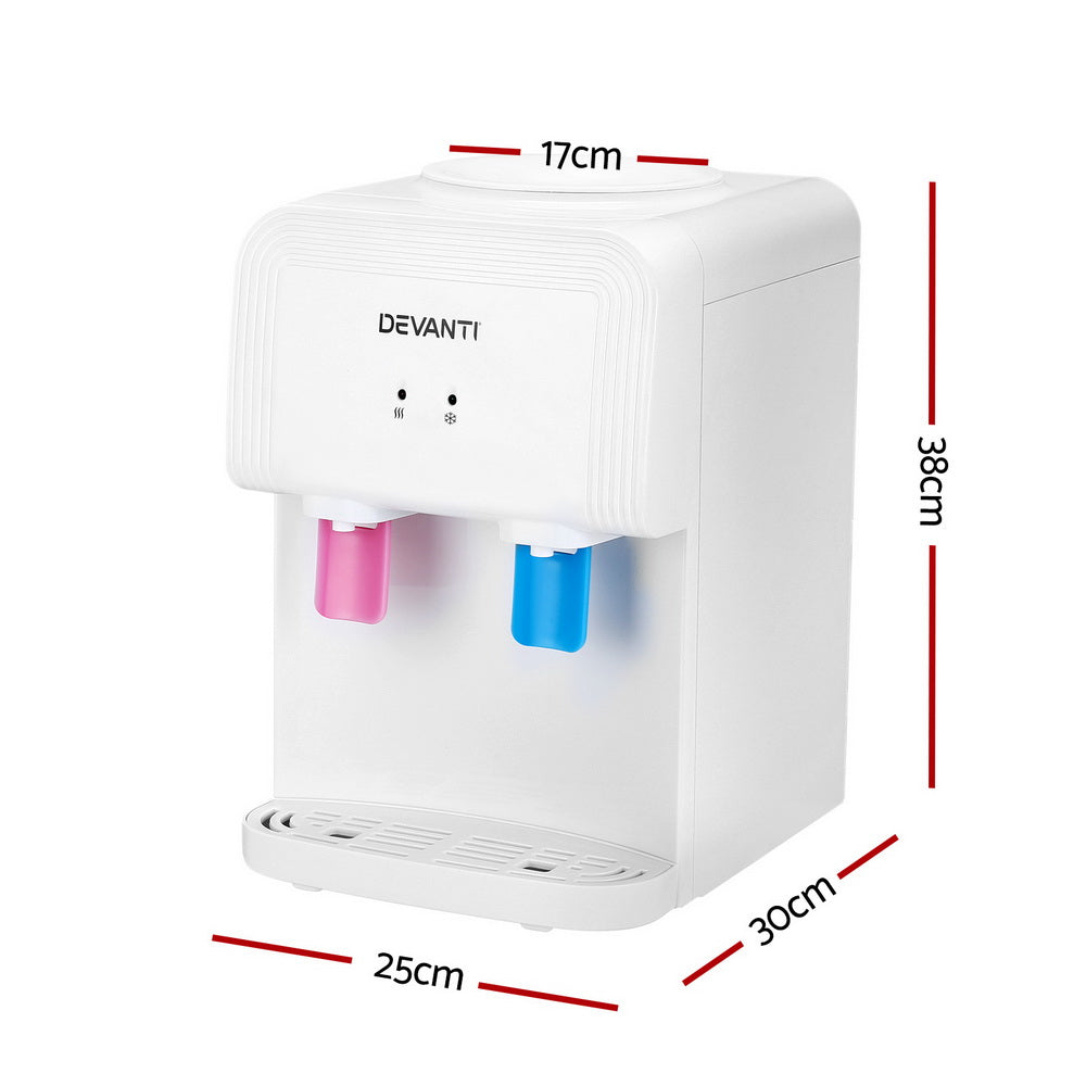 White Devanti water dispenser with dimensions marked on a white background