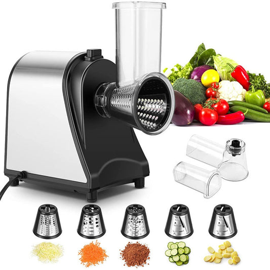 Electric rotary vegetable grater with interchangeable drum blades and handle