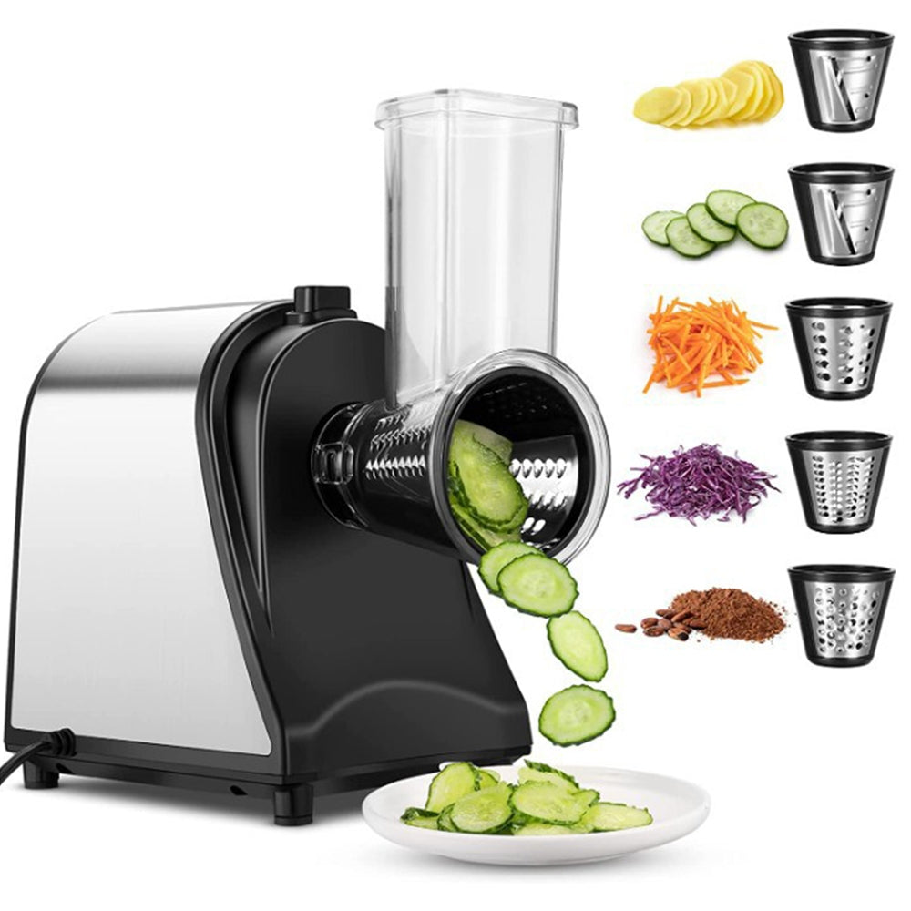 Electric rotary grater slicing fresh carrots quickly and evenly